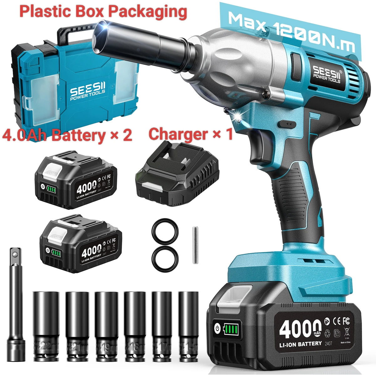 Seesii High Torque Brushless Cordless Impact Wrench Kit With LED Light