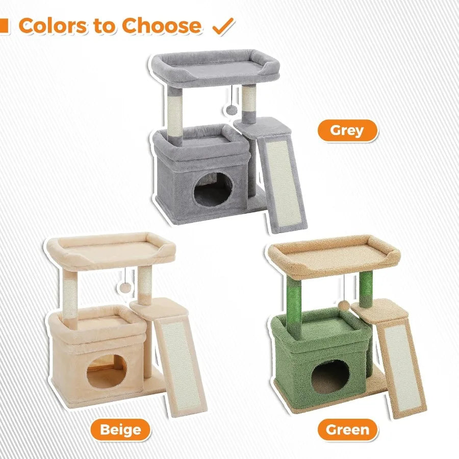 Small Cat Tree Tower For Large Adult Cats With Wide Top Perch, Private Cat Condo And Sisal Scratching Post&Pad For Indoo