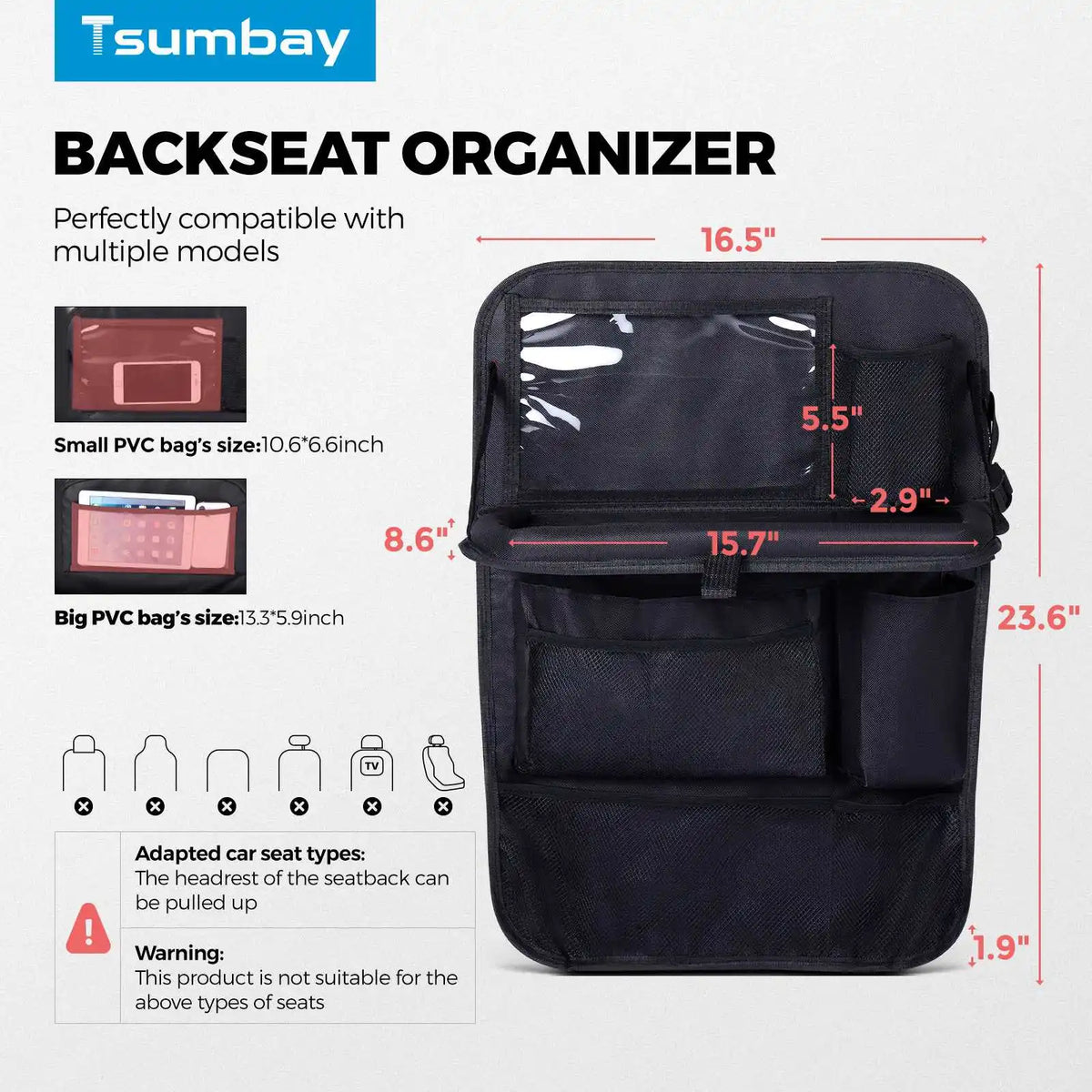 2X Car Seat Back Organizer Auto Back Seat Storage Bag with Foldable Table Tray Tablet Holder Tissue Box Car Accessories