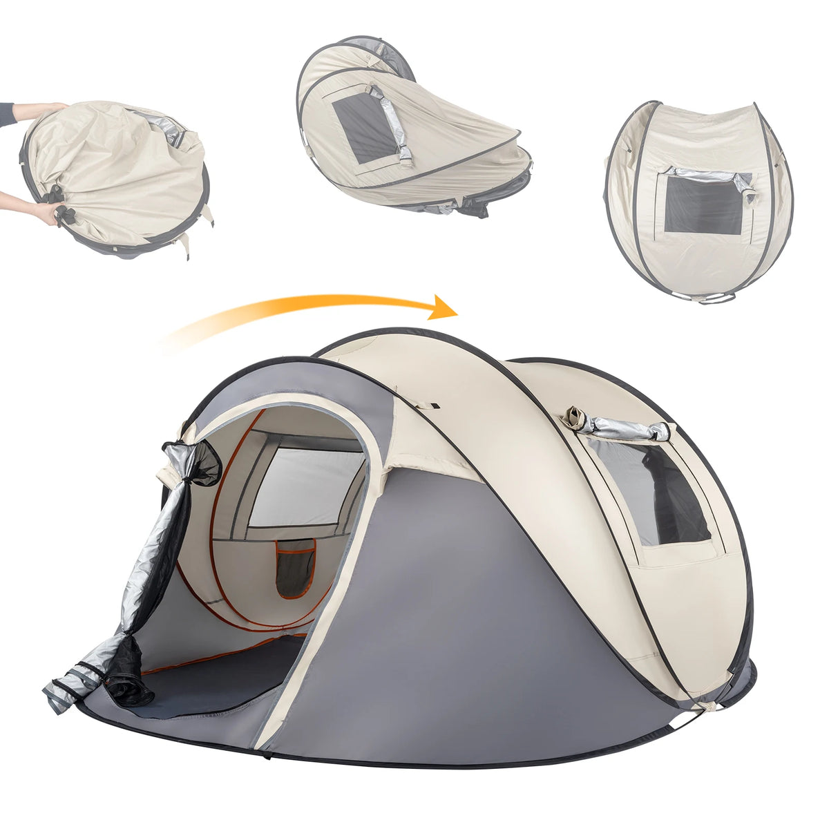 4 Person Pop Up Tent Instant Setup Family Camping Portable Waterproof 190T Polyester Fiberglass Poles with Vestibule Khaki