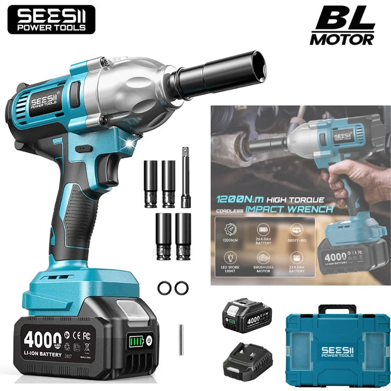 Seesii High Torque Brushless Cordless Impact Wrench Kit With LED Light