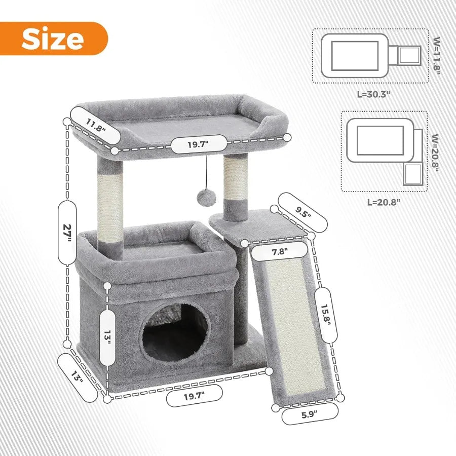 Small Cat Tree Tower For Large Adult Cats With Wide Top Perch, Private Cat Condo And Sisal Scratching Post&Pad For Indoo