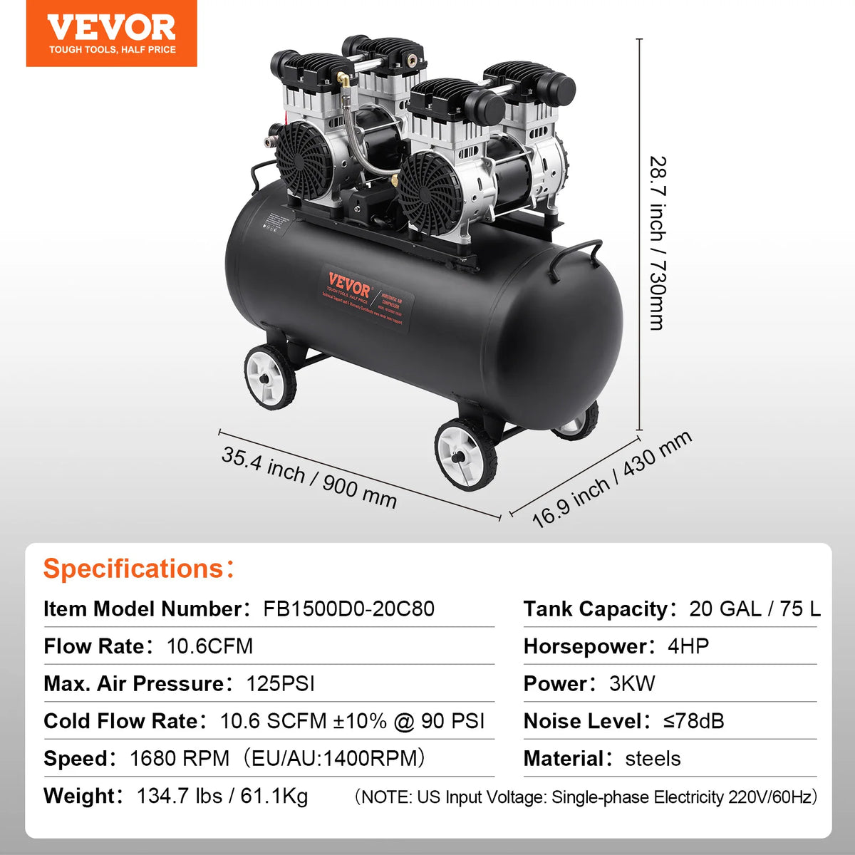 SucceBuy Air Compressor 750W/1450W/3000W Oil Free Air Compressor Quiet Portable Compressor Pump Auto Repair Tire Inflation Home