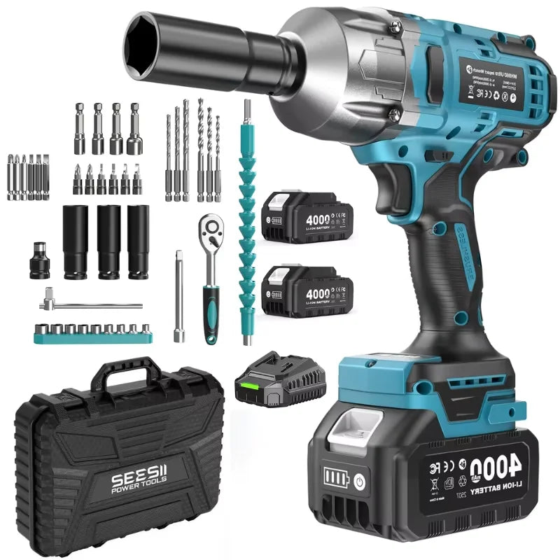 SEESII 1300N.m 3-in-1  Impact Wrench & Cordless Drill & Screwdriver 1/2 Inch Brushless Motor Electric Impact Gun Kit Repair Tools With 4000mah Battery LED Light For Car Truck Home DIY