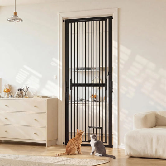 71" Extra Tall Pet Gate for Cats, 30.3-40.9'' Width Adjustable Pet Door | No-Drilling Pressure Mounted, Cat Gate with Door for Stairs, Doorways, Kitchen, 4 Extensions Kits