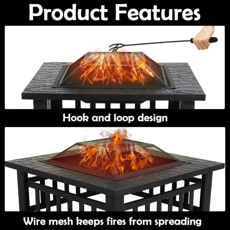 Outdoor Fire Pit 32 Inch Square Metal Firepit For Patio Wood Burning Fireplace Garden Stove With Charcoal Rack, Poker & Mesh Cov