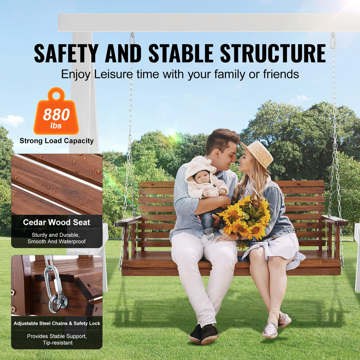 SucceBuy Wooden Porch Swing Outdoor Garden Bench With Steel Chains