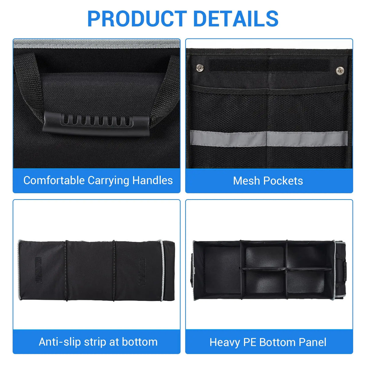 Black Foldable Car Trunk Organizer Bag 90x35x30cm Waterproof Oxford Storage Bin With Lid Handle Ice Pack Shoe Section