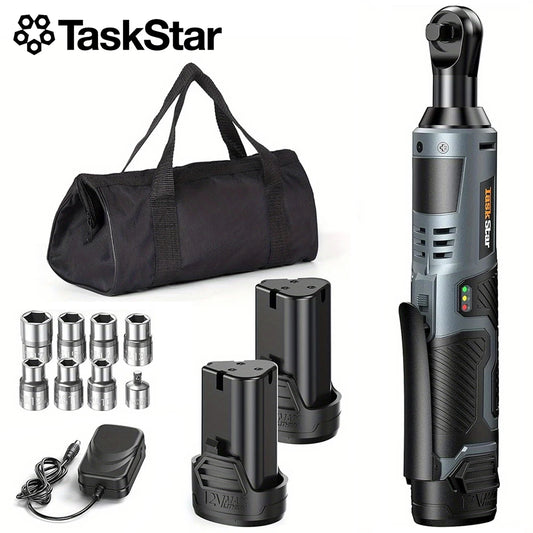 TaskStar Cordless Ratchet Wrench Kit 3/8-inch Ratchet 40N.m(max) Electric Power Angle Wrench with Variable Speed Trigger 0-200 RPM, Handheld Car Disassembly Tool with 2 Packs 2000mAh Lithium-Ion Battery&1 Charger&7 Sockets