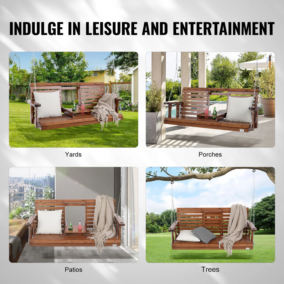 SucceBuy Wooden Porch Swing Outdoor Garden Bench With Steel Chains