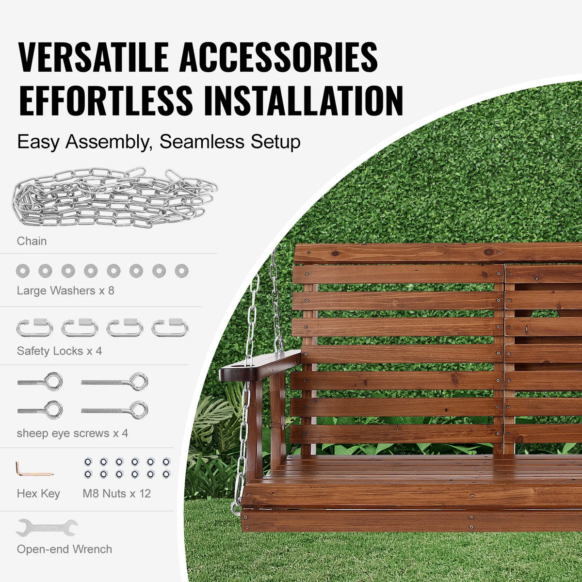 SucceBuy Wooden Porch Swing Outdoor Garden Bench With Steel Chains