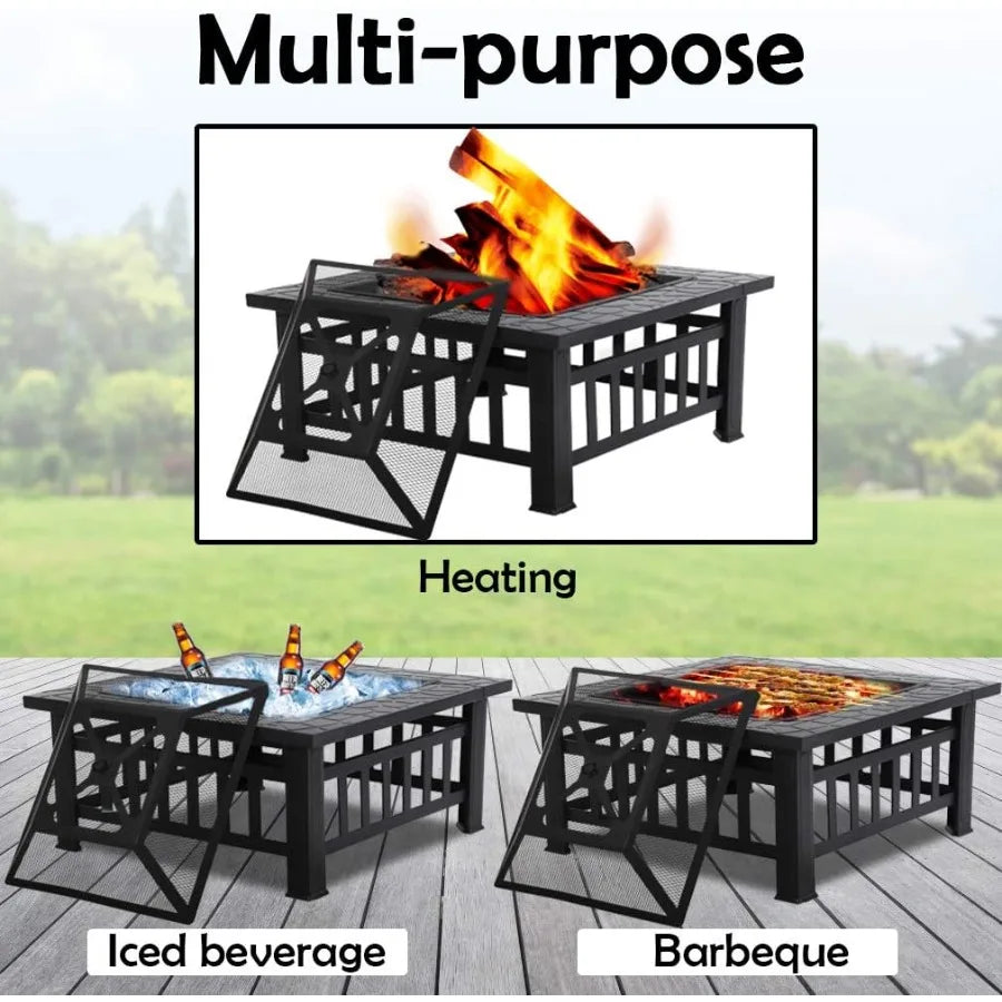 Outdoor Fire Pit 32 Inch Square Metal Firepit For Patio Wood Burning Fireplace Garden Stove With Charcoal Rack, Poker & Mesh Cov