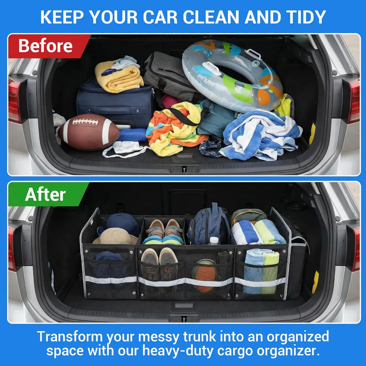 Black Foldable Car Trunk Organizer Bag 90x35x30cm Waterproof Oxford Storage Bin With Lid Handle Ice Pack Shoe Section