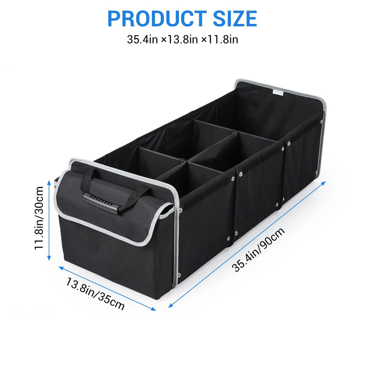 Black Foldable Car Trunk Organizer Bag 90x35x30cm Waterproof Oxford Storage Bin With Lid Handle Ice Pack Shoe Section