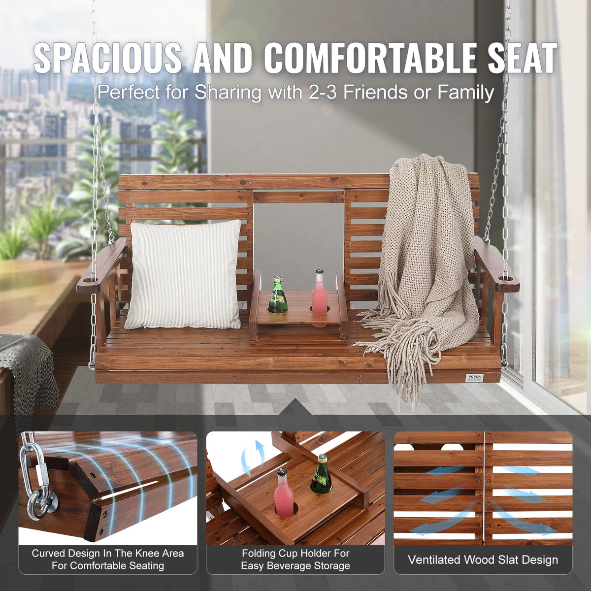 SucceBuy Wooden Porch Swing Outdoor Garden Bench With Steel Chains