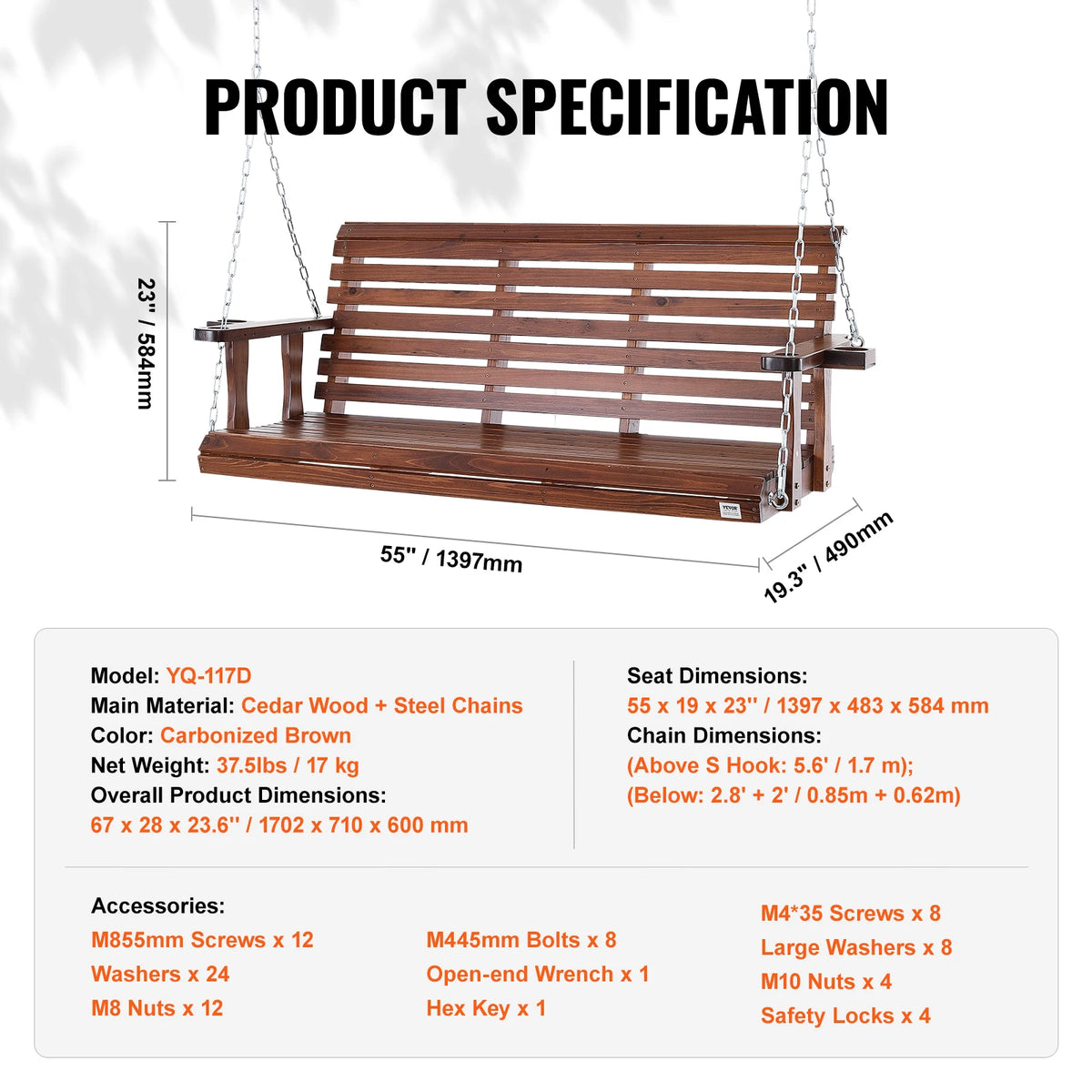 SucceBuy Wooden Porch Swing Outdoor Garden Bench With Steel Chains