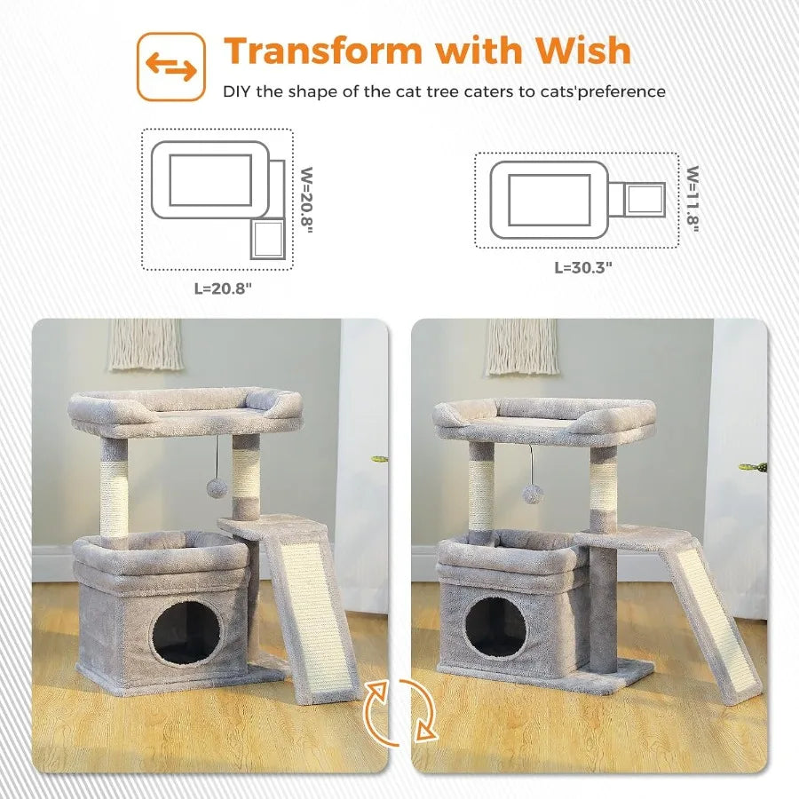 Small Cat Tree Tower For Large Adult Cats With Wide Top Perch, Private Cat Condo And Sisal Scratching Post&Pad For Indoo