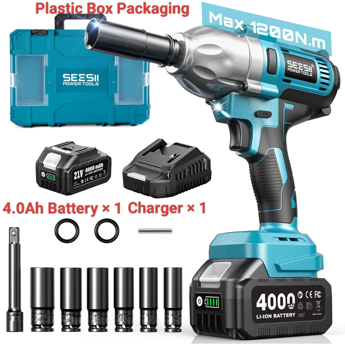 Seesii High Torque Brushless Cordless Impact Wrench Kit With LED Light