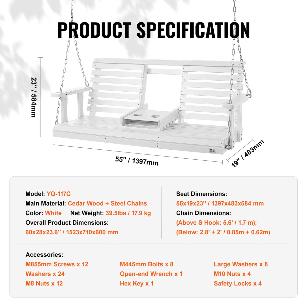 SucceBuy Wooden Porch Swing Outdoor Garden Bench With Steel Chains