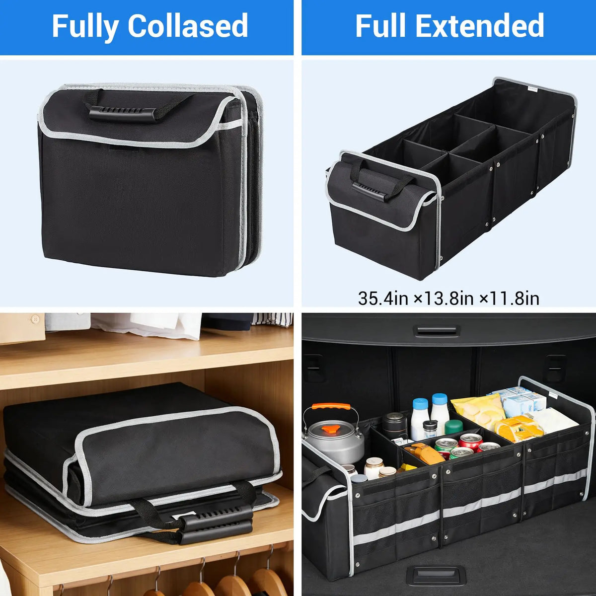 Black Foldable Car Trunk Organizer Bag 90x35x30cm Waterproof Oxford Storage Bin With Lid Handle Ice Pack Shoe Section