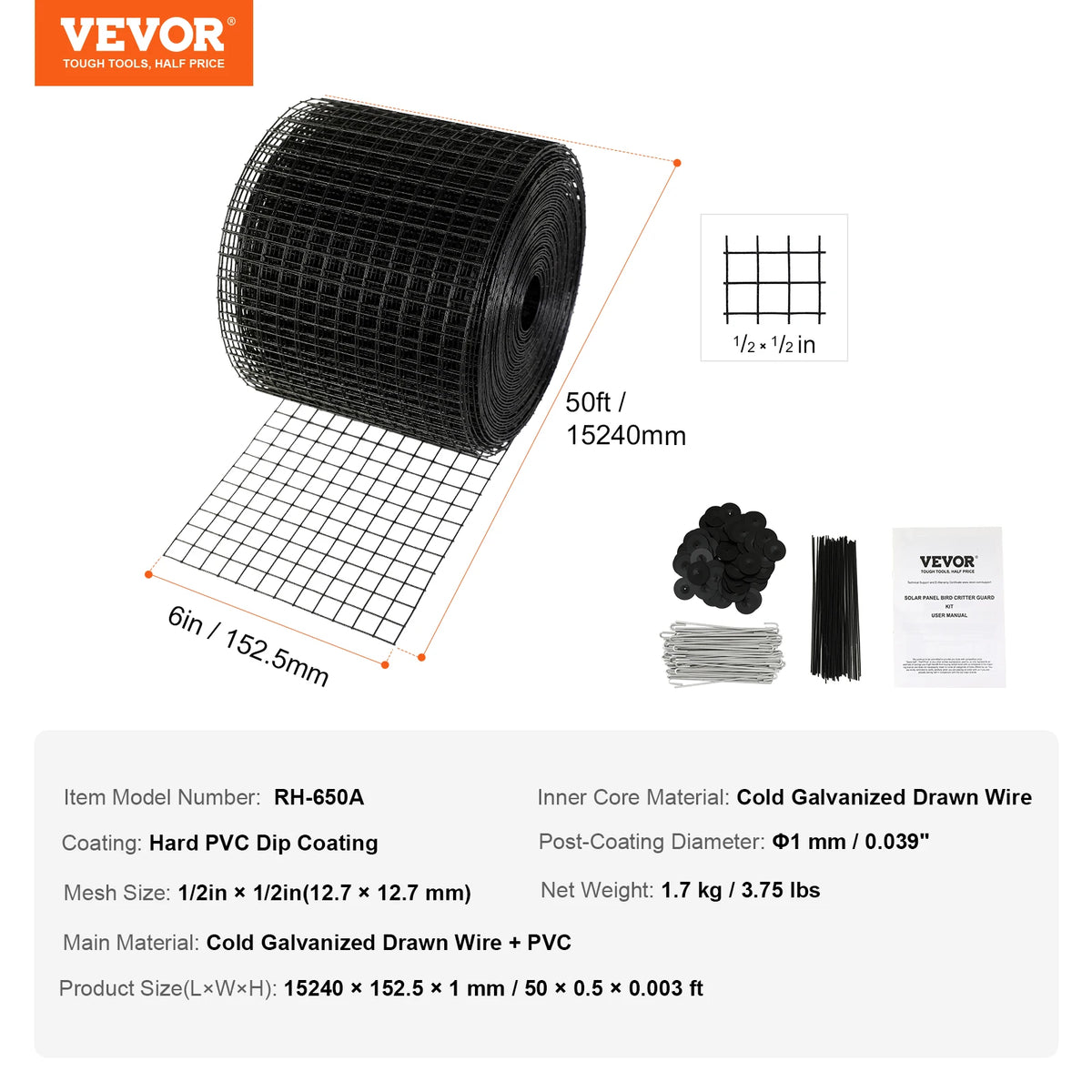 SucceBuy Solar Panel Bird Guard Critter Guard Roll Kit  Stainless Steel Fasteners Solar Panel Rustproof PVC Coating WireRollMesh
