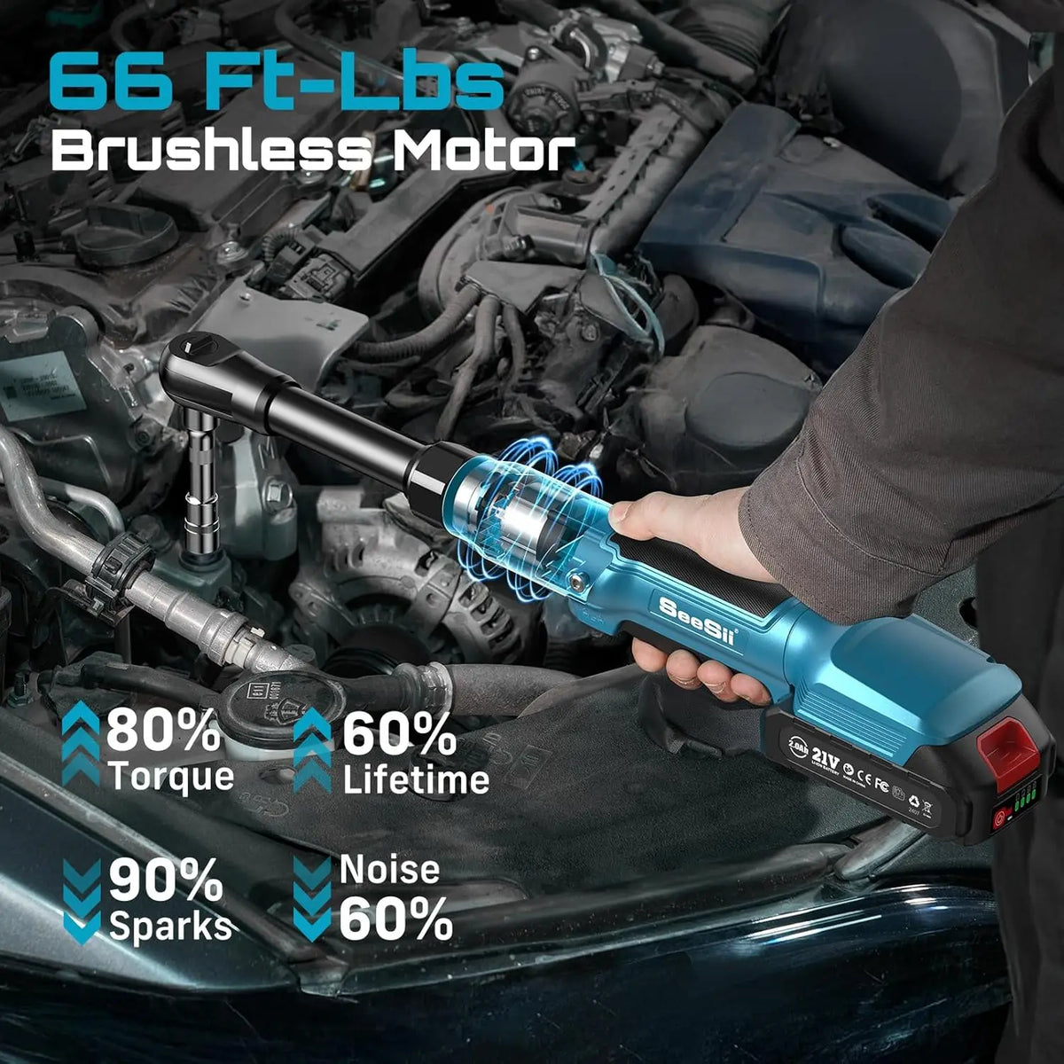 Seesii Cordless Electric Ratchet Wrench Rechargeable Brushless Car Repair Tool