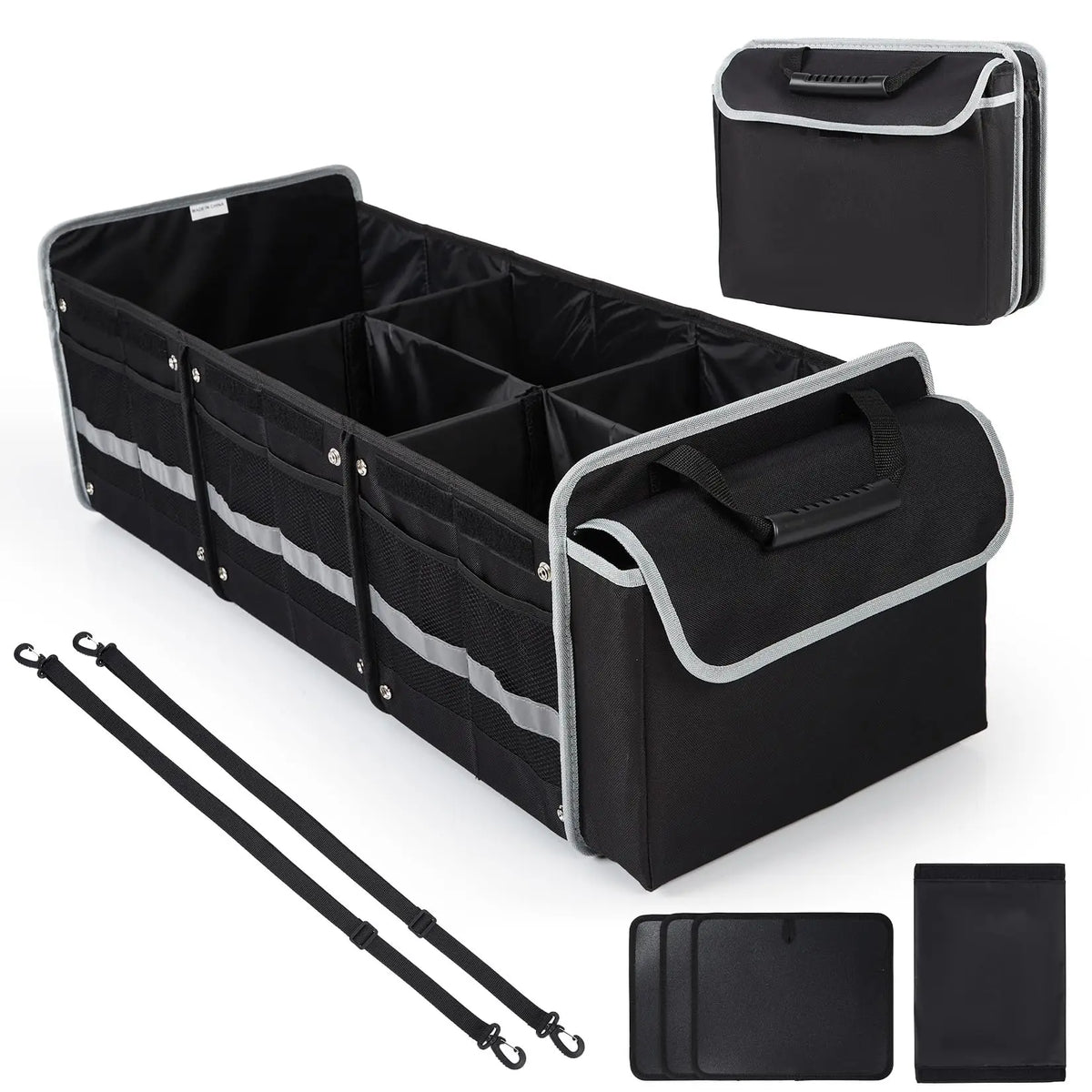 Black Foldable Car Trunk Organizer Bag 90x35x30cm Waterproof Oxford Storage Bin With Lid Handle Ice Pack Shoe Section