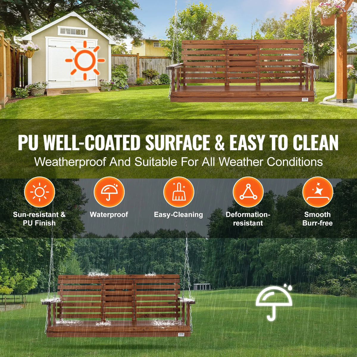 SucceBuy Wooden Porch Swing Outdoor Garden Bench With Steel Chains