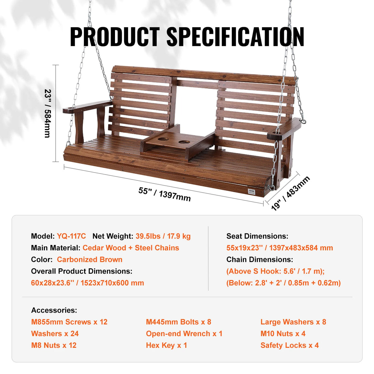 SucceBuy Wooden Porch Swing Outdoor Garden Bench With Steel Chains
