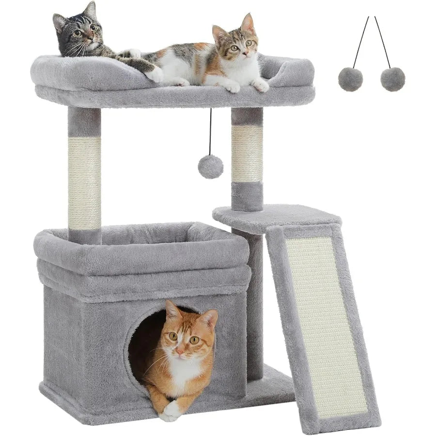 Small Cat Tree Tower For Large Adult Cats With Wide Top Perch, Private Cat Condo And Sisal Scratching Post&Pad For Indoo