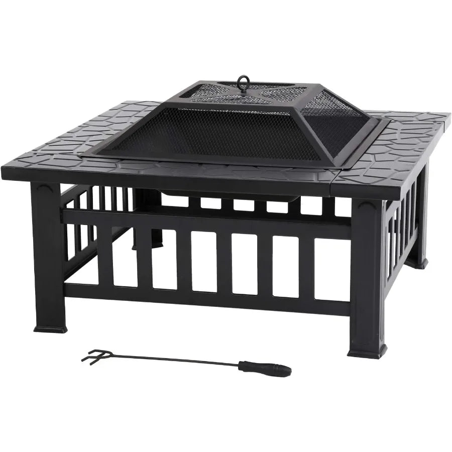Outdoor Fire Pit 32 Inch Square Metal Firepit For Patio Wood Burning Fireplace Garden Stove With Charcoal Rack, Poker & Mesh Cov