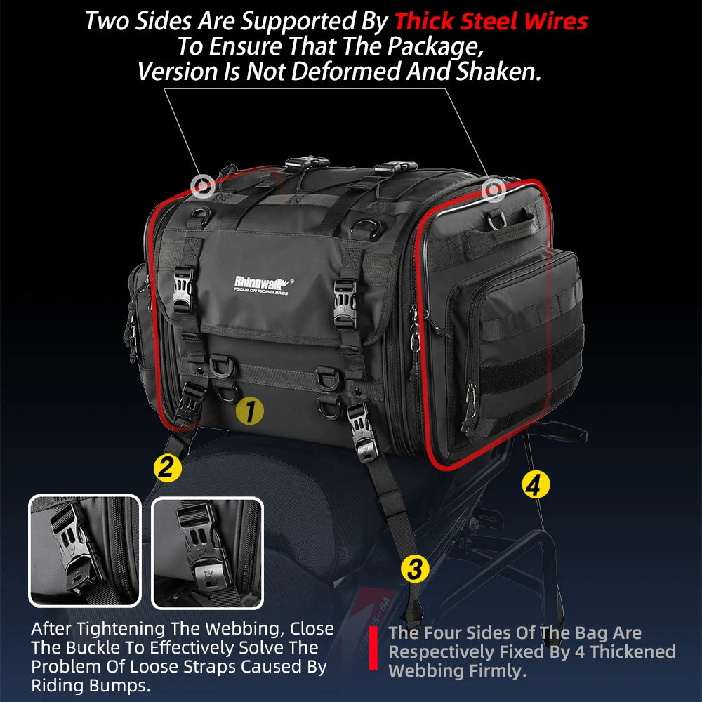 Rhinowalk Motorcycle Travel Luggage Bag Waterproof 19L-80L Expandable Big Capacity Motor Tail/Trunk/Rack Bag For Most motorcycle