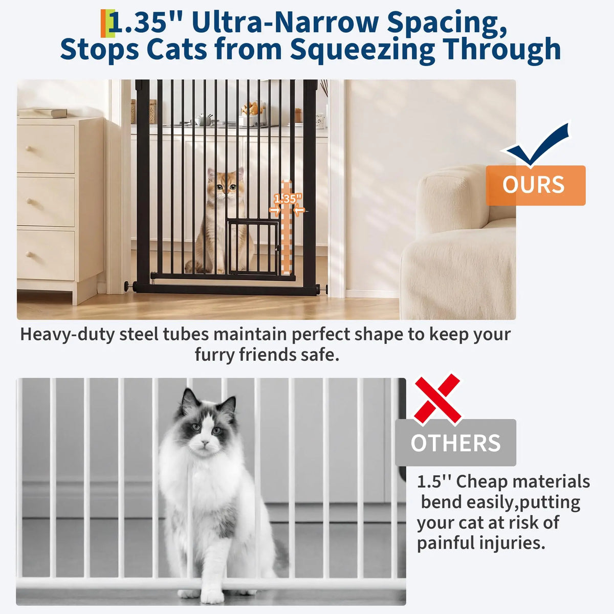 71" Extra Tall Pet Gate for Cats, 30.3-40.9'' Width Adjustable Pet Door | No-Drilling Pressure Mounted, Cat Gate with Door for Stairs, Doorways, Kitchen, 4 Extensions Kits