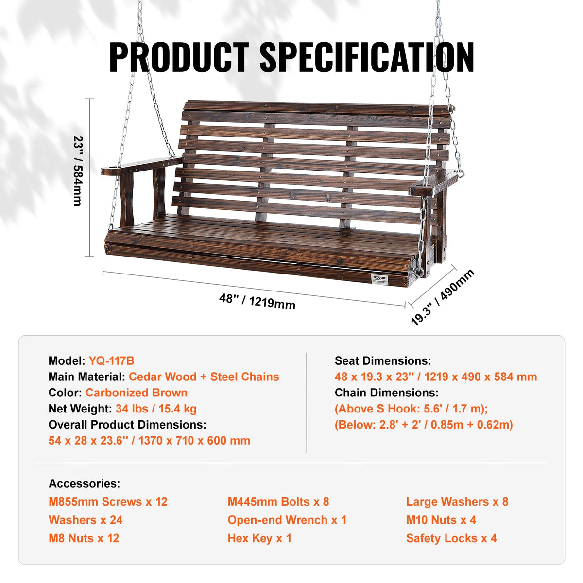 SucceBuy Wooden Porch Swing Outdoor Garden Bench With Steel Chains
