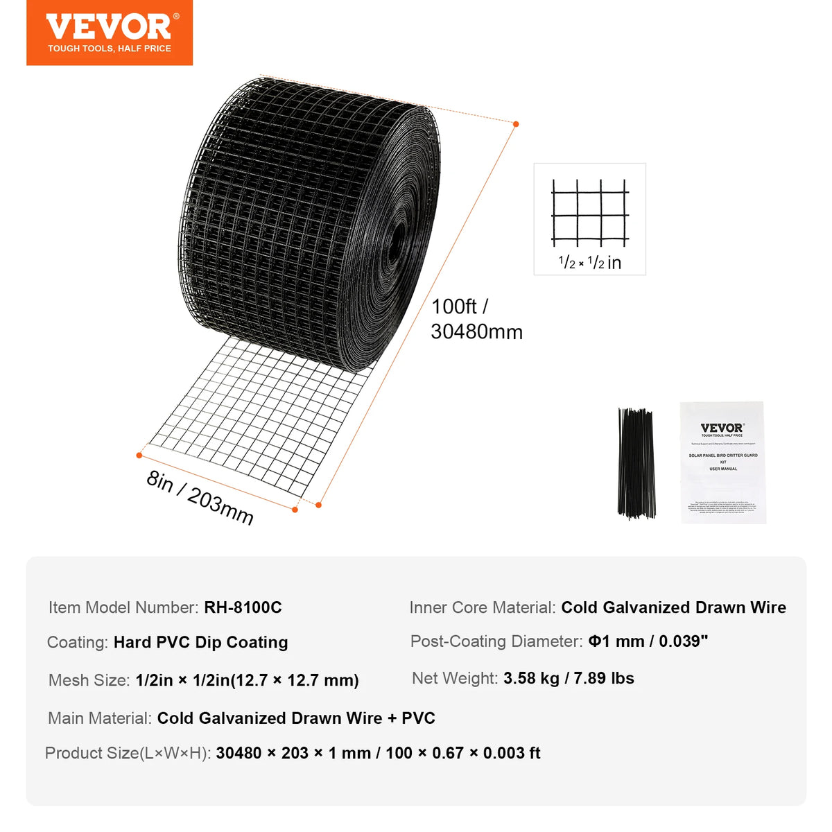SucceBuy Solar Panel Bird Guard Critter Guard Roll Kit  Stainless Steel Fasteners Solar Panel Rustproof PVC Coating WireRollMesh