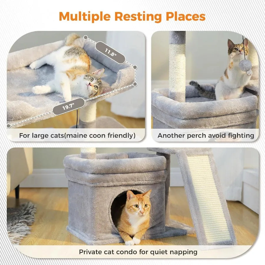 Small Cat Tree Tower For Large Adult Cats With Wide Top Perch, Private Cat Condo And Sisal Scratching Post&Pad For Indoo