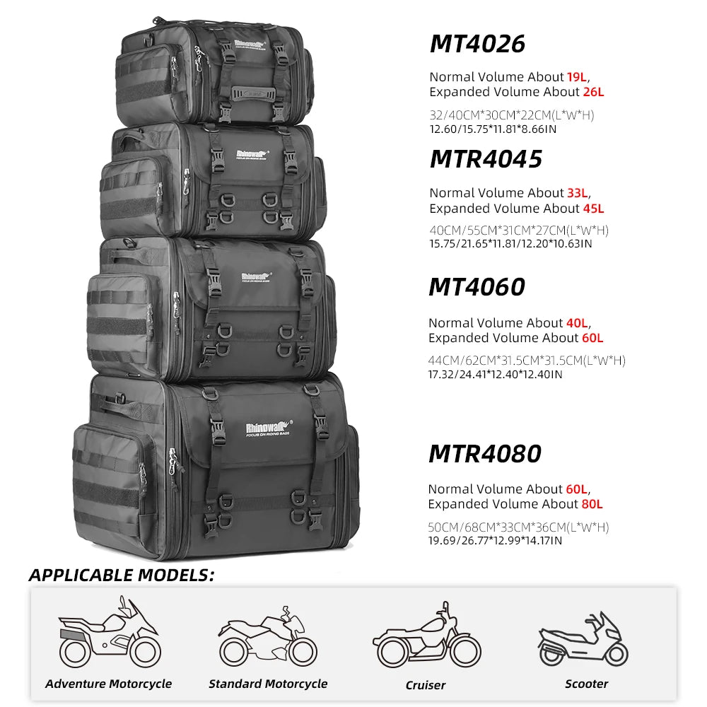 Rhinowalk Motorcycle Travel Luggage Bag Waterproof 19L-80L Expandable Big Capacity Motor Tail/Trunk/Rack Bag For Most motorcycle