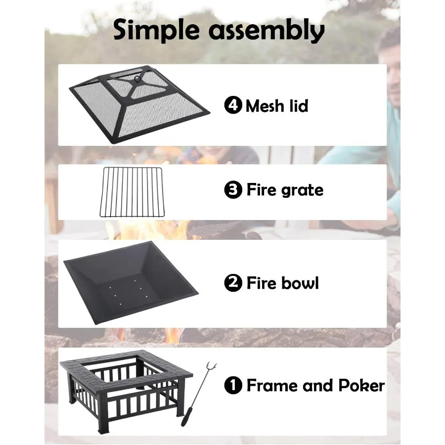 Outdoor Fire Pit 32 Inch Square Metal Firepit For Patio Wood Burning Fireplace Garden Stove With Charcoal Rack, Poker & Mesh Cov