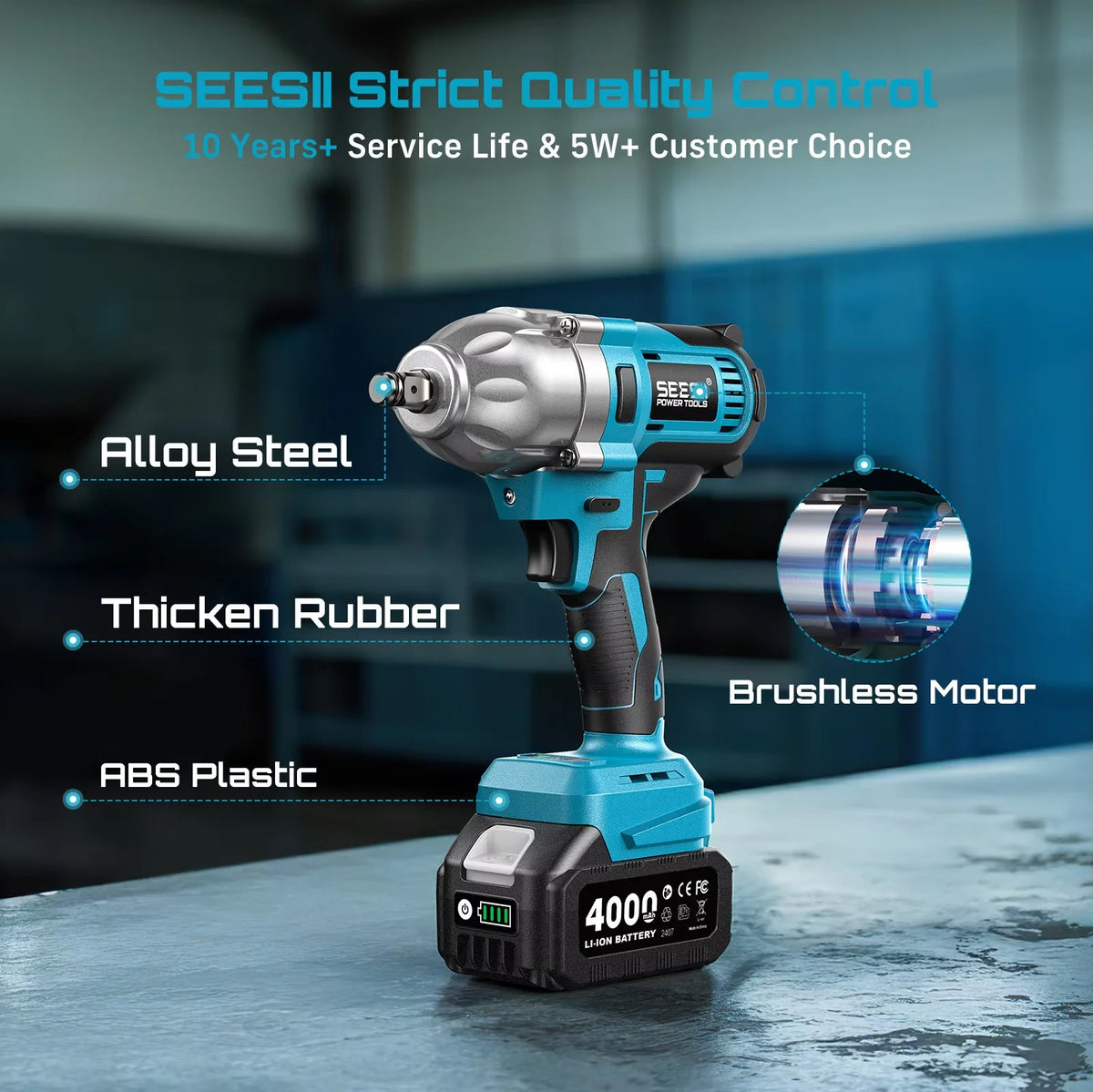 Seesii High Torque Brushless Cordless Impact Wrench Kit With LED Light