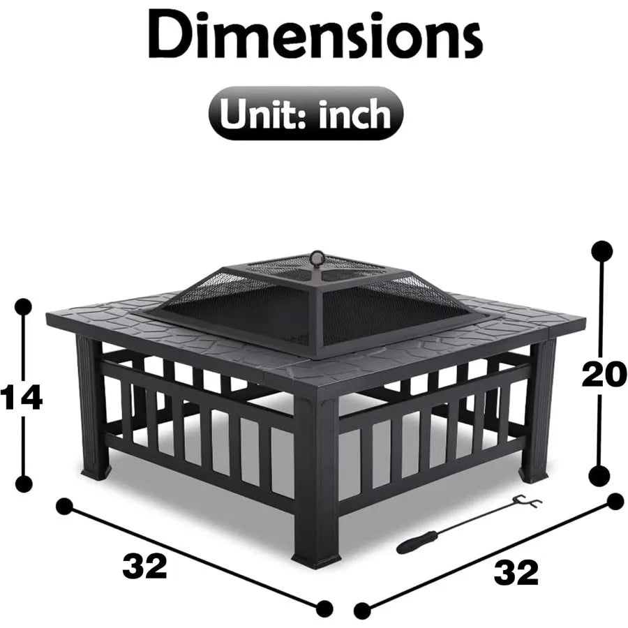 Outdoor Fire Pit 32 Inch Square Metal Firepit For Patio Wood Burning Fireplace Garden Stove With Charcoal Rack, Poker & Mesh Cov